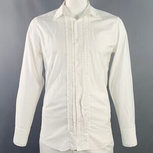 JIL SANDER Size 42 White Ruffled Cotton Tuxedo Long Sleeve Shirt